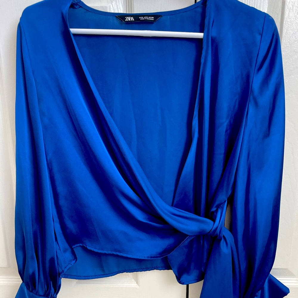 Silk blue cross over Zara blouse in royal blue